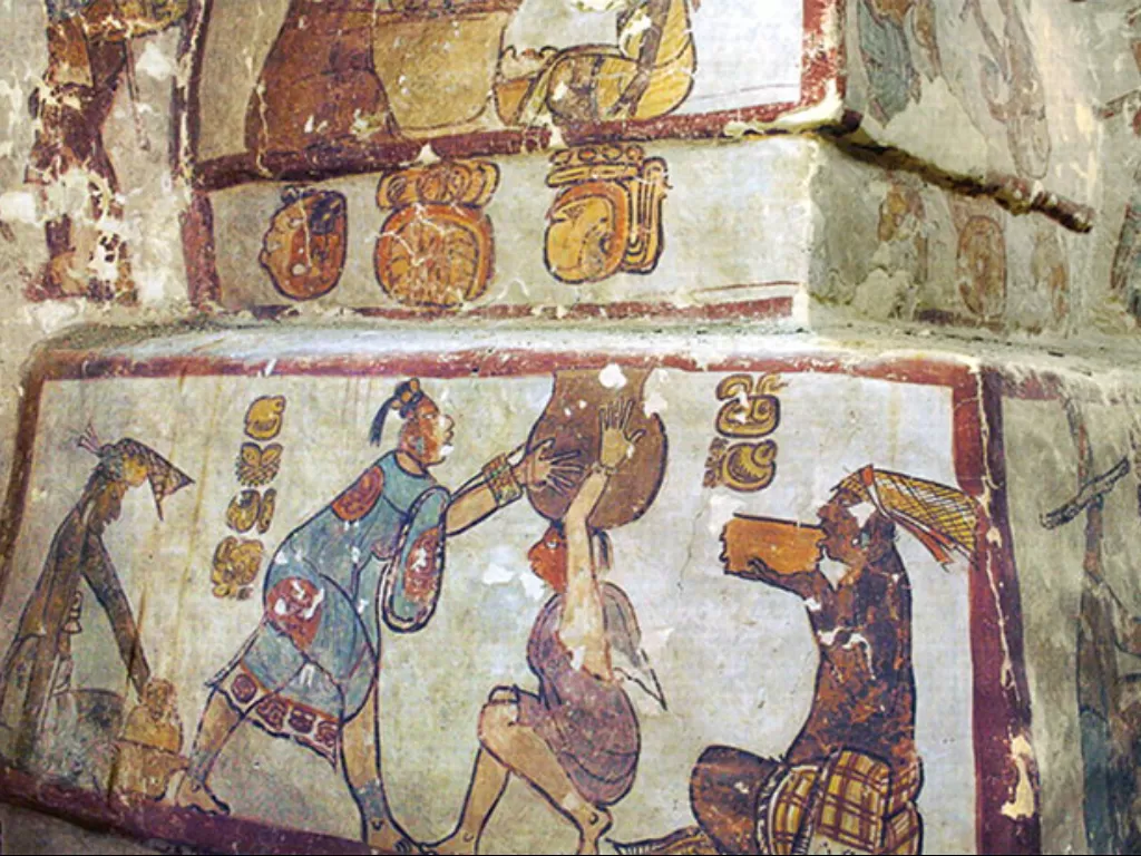 Lukisan mural yang ditemukan di piramida kecil di situs Maya Klasik di Calakmul menggambarkan adegan orang bertukar dan mengonsumsi barang di tempat yang mungkin merupakan pasar (R.CARRASCO VARGAS, V.A. VÁZQUEZ LÓPEZ DAN S. MARTIN/PNAS 2009)