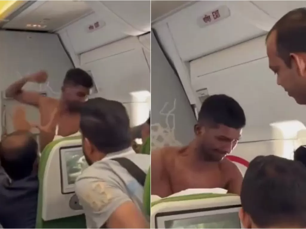 Pria bertelanjang dada berantam di pesawat (Twitter/@Bitanko_Biswas)