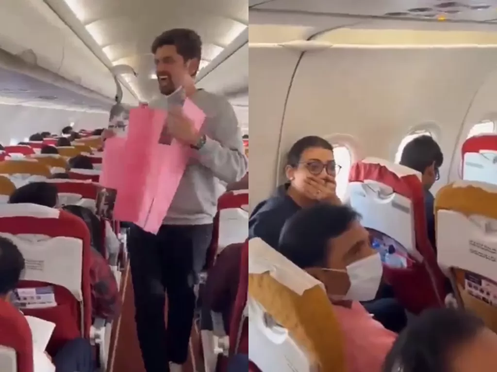 Pria lamar pacarnya di dalam pesawat. (Twitter/@Shivaji_Dube)