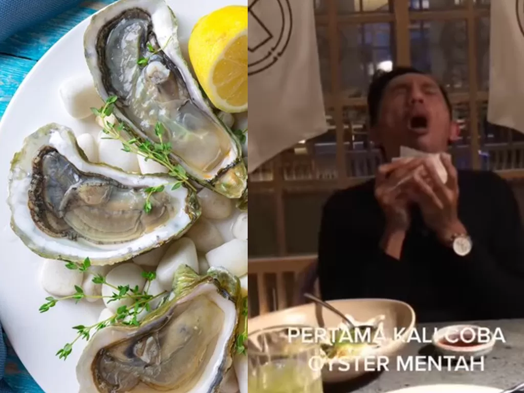 Ilustrasi oyster (kiri), pria pertama kali makan oyster (kanan). (FREEPIK/Screenshoot/Instagram/@ketawa.ajahh)