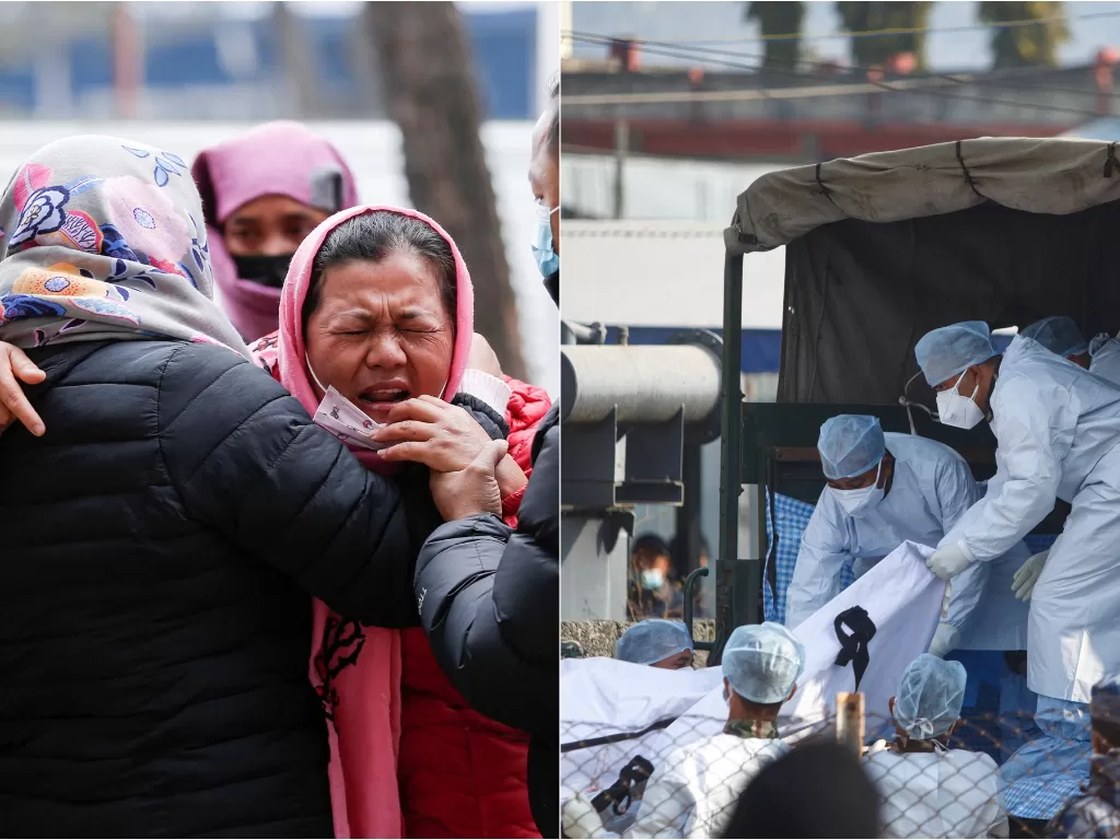 Keluarga korban yang menangis histeris. (Reuters/Rohit Giri) / Proses evakuasi korban kecelakaan Yeti Airlines. (REUTERS/Sulav Shrestha)