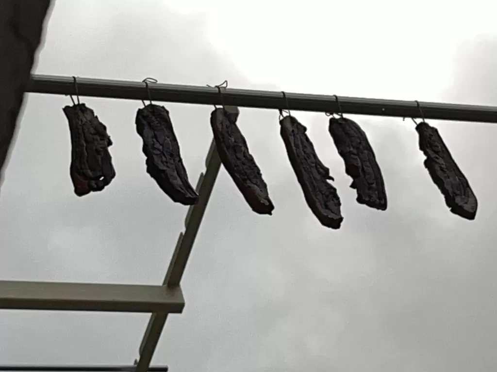 Potongan daging babi kecap yang digantung di tiang jemuran oleh penghuni apartemen di Singapura. (mothership.sg)