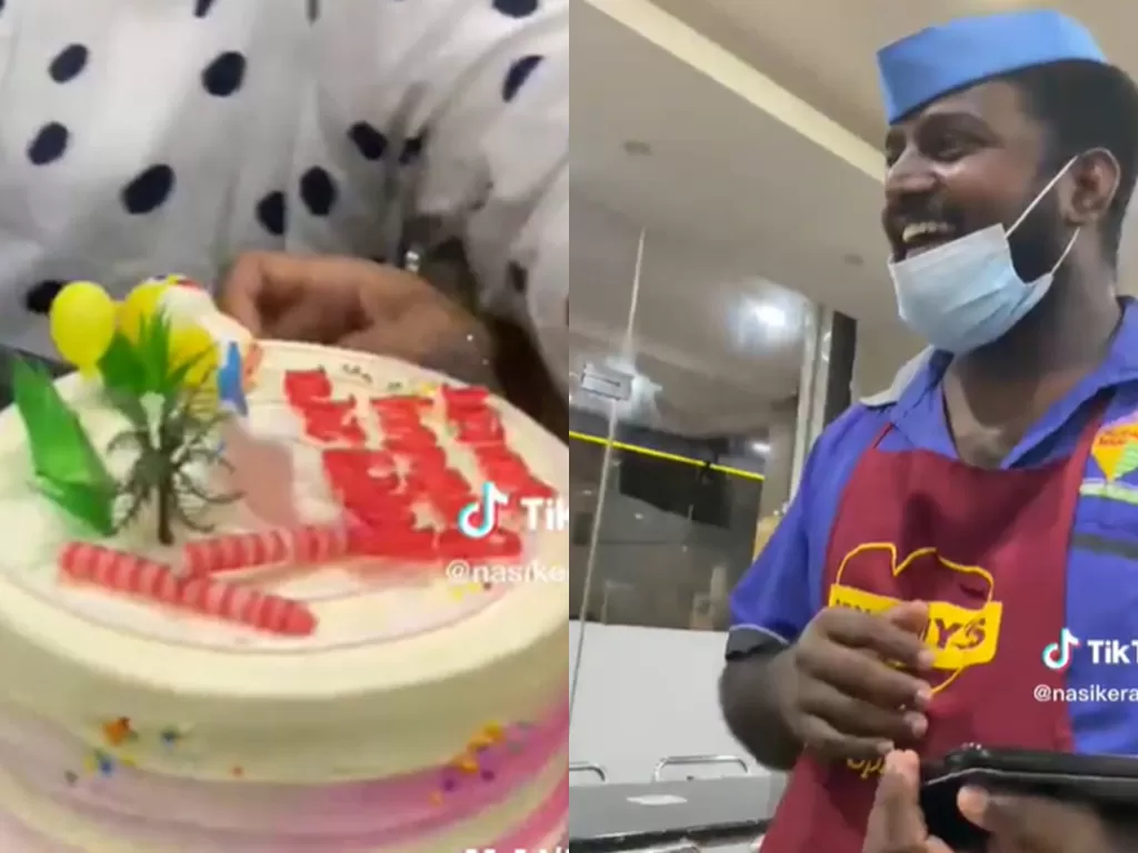 Pelayan resto mendapat kejutan kue ulang tahun dari pelanggan. (Screenshoot/TikTok/@nasikerabu77)