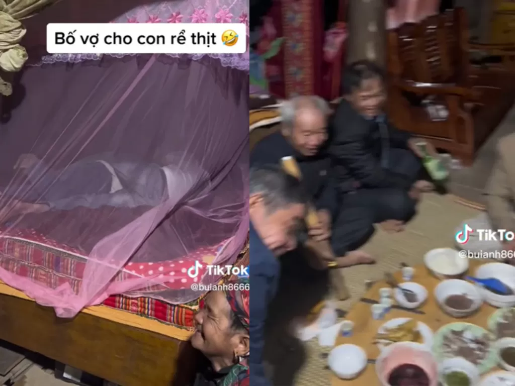 Malam pertama pasangan pengantin di Vietnam jadi ajang nonton bareng dua pihak keluarga. (Tiktok/@buianh8666)