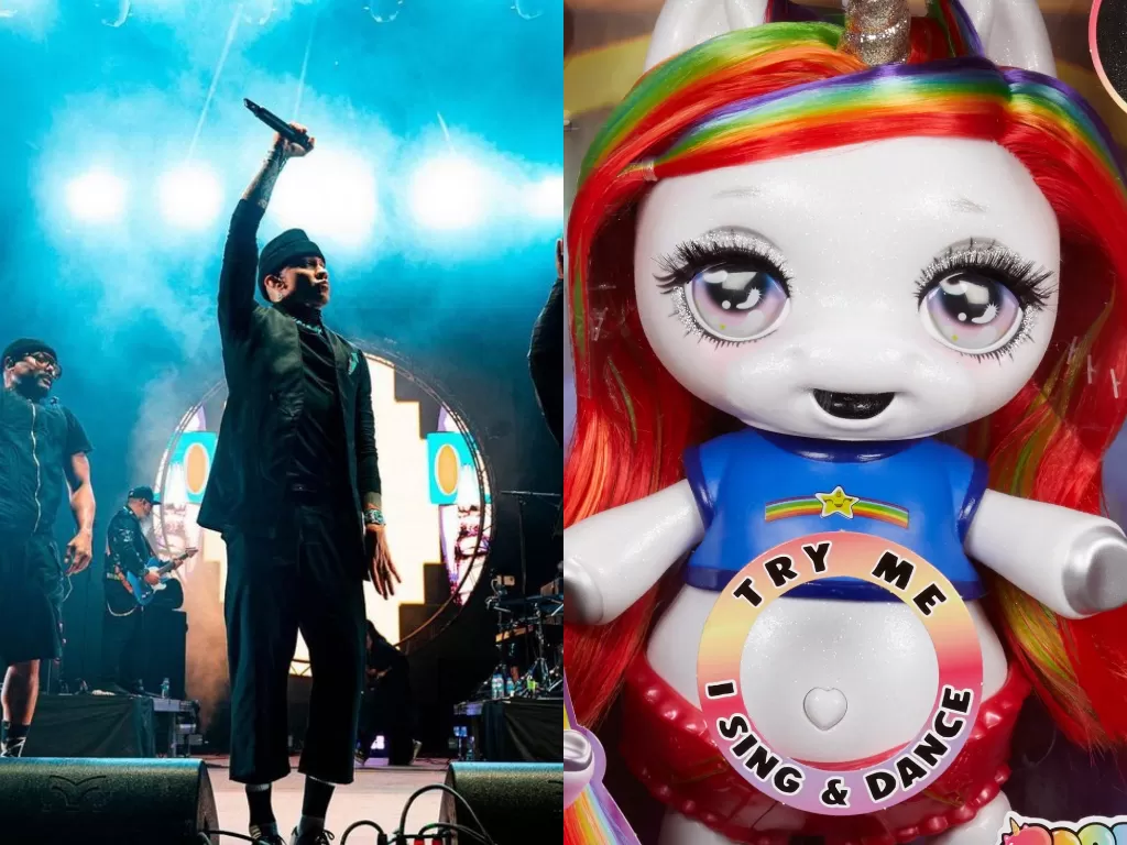 Kiri: Grup musik Black Eyed Peas, Kanan: Mainan The Poopsie Slime Surprise: Dancing Unicorn. (Instagram/@blackeyedpeas/Walmart)
