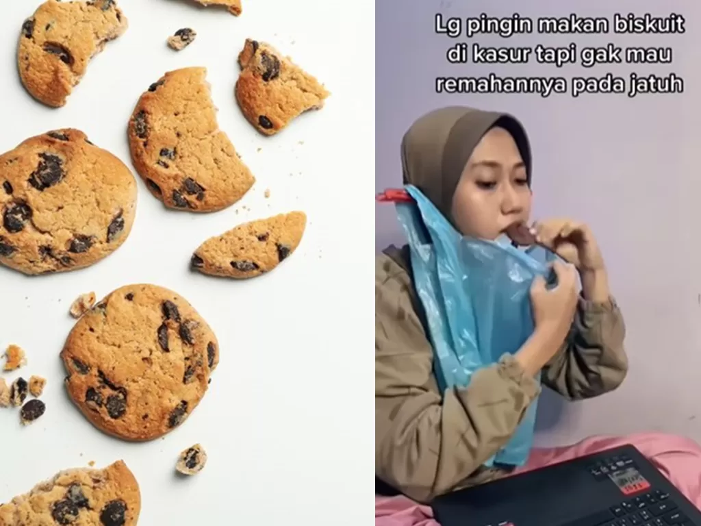 Ilustrasi biskuit (kiri), wanita makan biskuit pakai kresek untuk tampung remahannya (kanan). (FREEPIK/Screenshoot/Instagram/@haulforwomen)