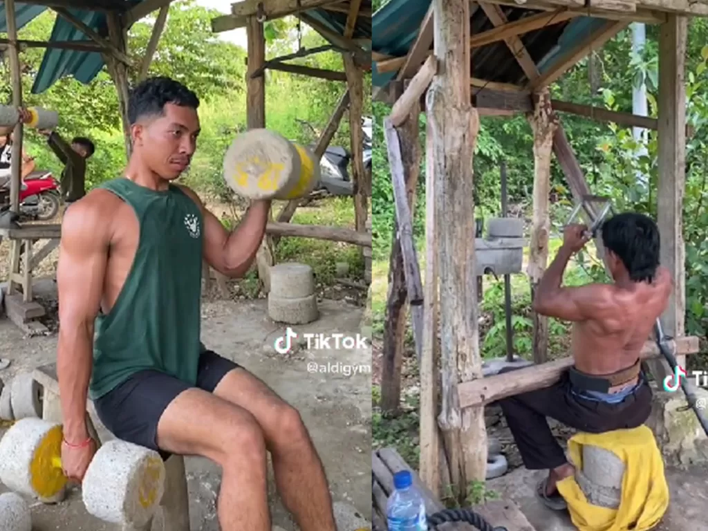 Pria-pria yang sedang nge-gym dengan alat-alat sederhana (TikTok/aldigym )