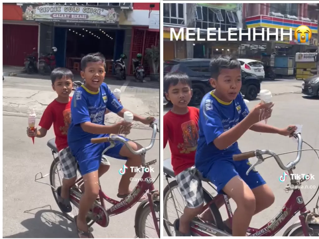 Dua Orang Anak Bawa Es Krim Sambil Naik Sepeda (TikTok/@aye.n.co)