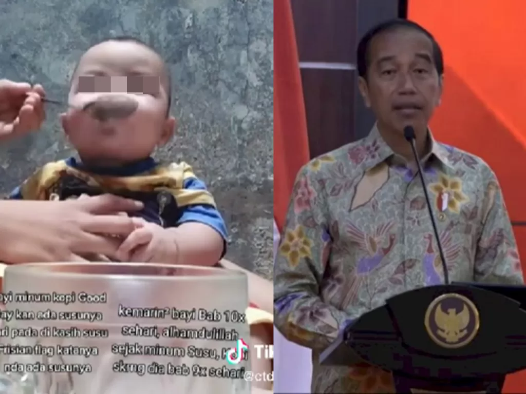 Kolase tangkapan layar video bayi diberi kopi susu dan Presiden Jokowi yang menyorot kasus tersebut (TikTok/ctdinsider/YouTube/Sekretariat Presiden)