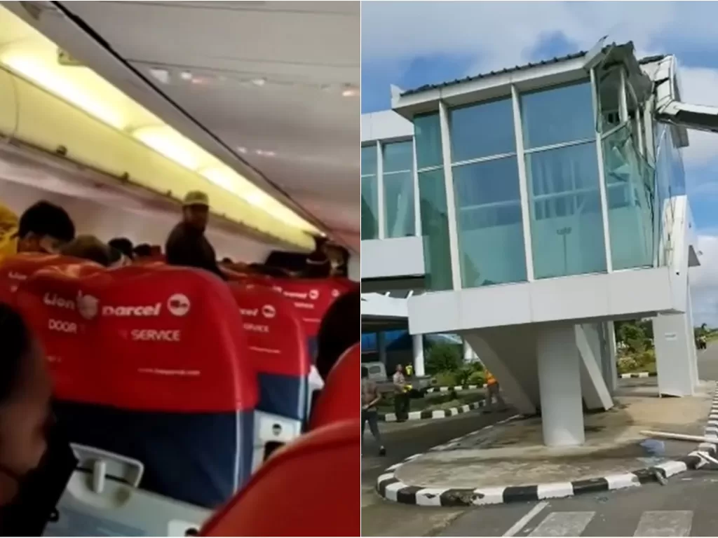Kondisi di dalam pesawat Lion Air usai tabrak garbarata. (Twitter/jayapura) / Kondisi garabarata usai ditabrak Lion Air. (Facebook/Info Kejadian Kota Merauke)