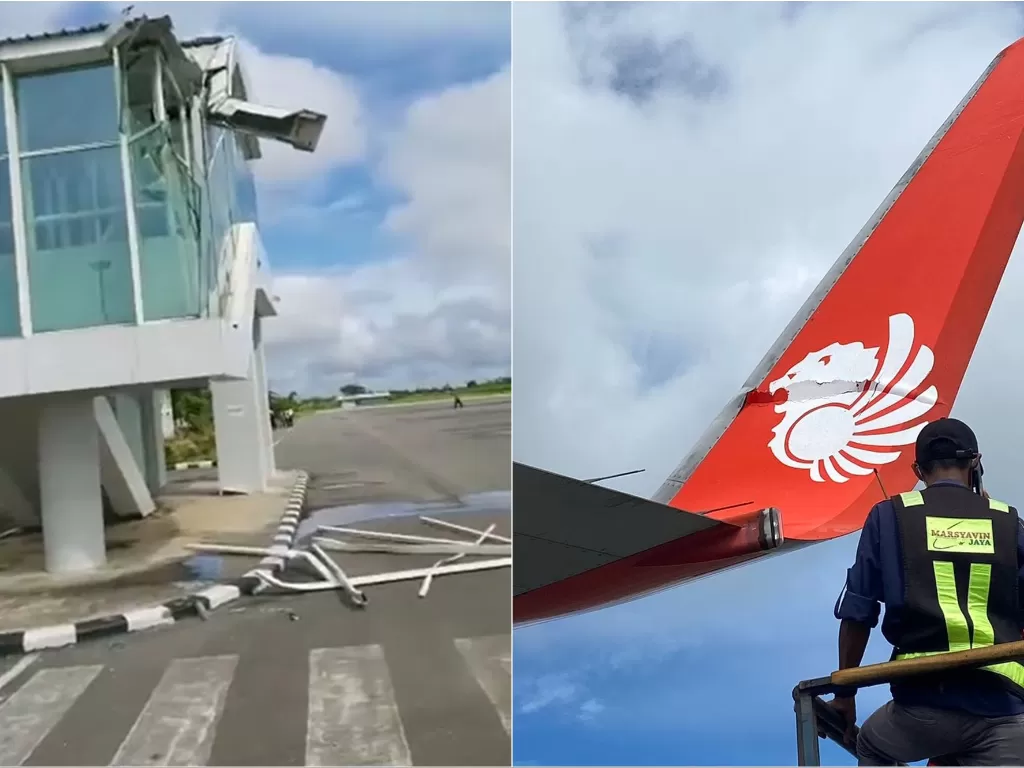 Penampakan garbarata di Bandara Merauke rusak usai ditabrak pesawat Lion Air (Facebook/INFO KEJADIAN KOTA MERAUKEINFO)