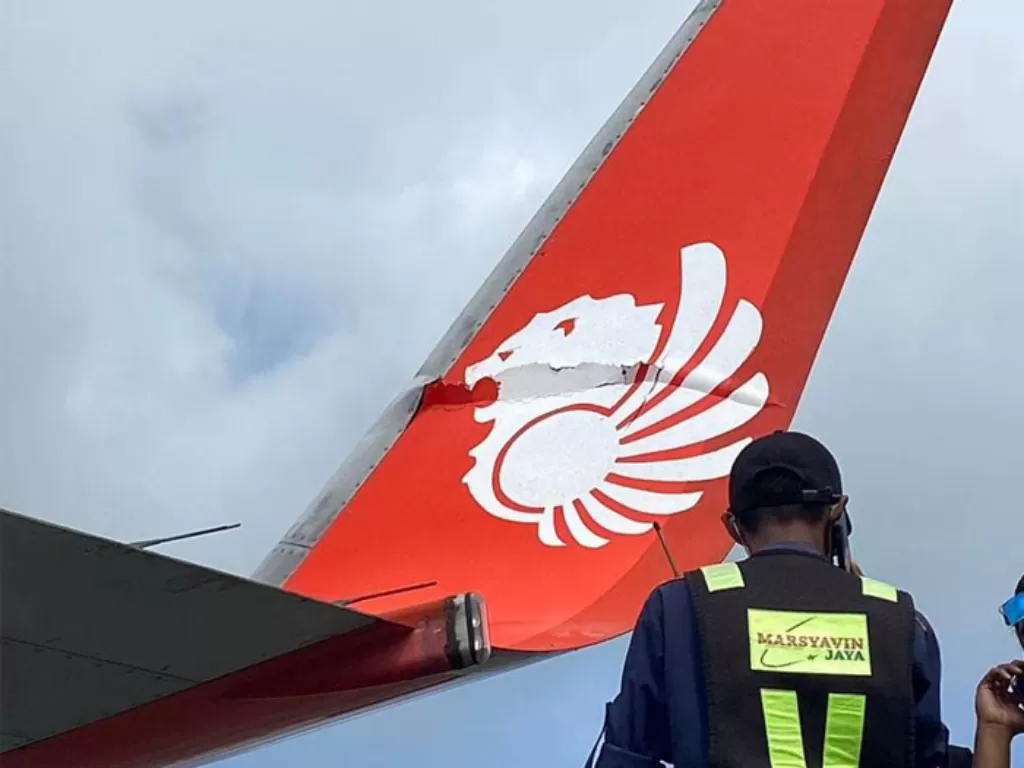 Sayap pesawat Lion Air tampak tergores gara-gara tabrak fasilitas bandara Mopah, Merauke. (Handover)