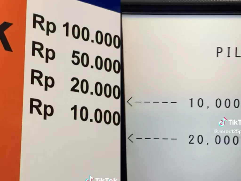 Penampakan layar mesin ATM yang menyediakan transaksi tarik tunai pecahan Rp10 ribu (TikTok/aerox125pelan)
