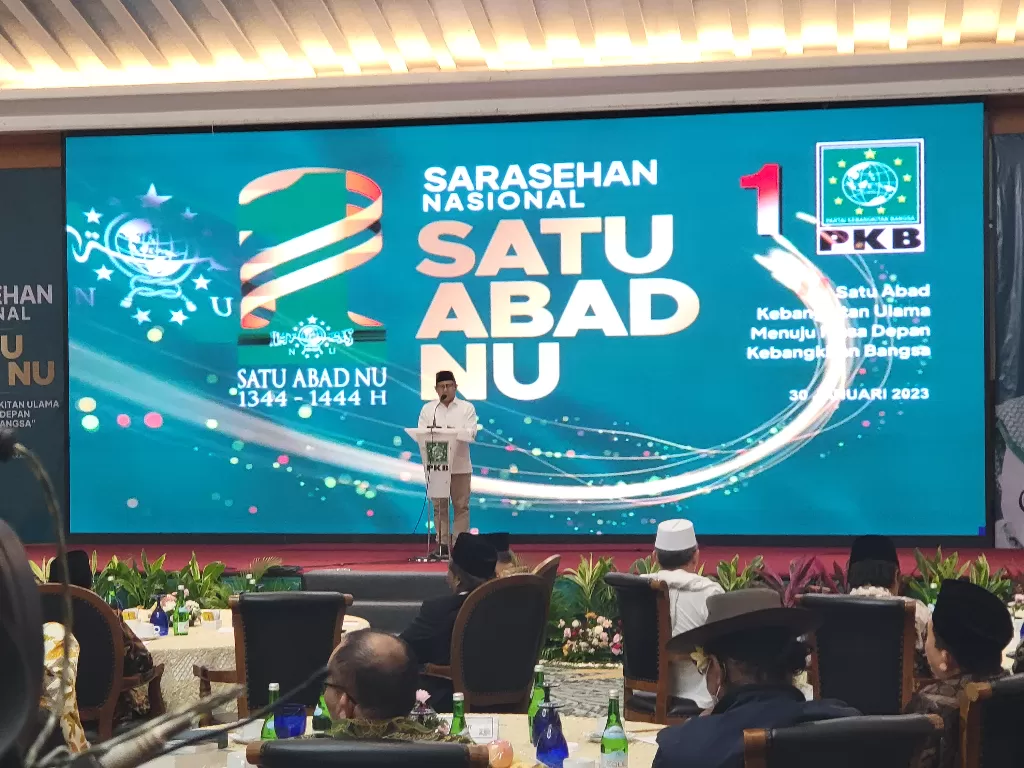 Ketum PKB Muhaimin Iskandar saat memberikan sambutan pada Sarahsehan Satu Abad Nahdlatul Ulama (NU), Senin (30/1/2023) di Hotel Grand Sahid Jakarta. (INDOZONE/Fahmy Fotaleno)