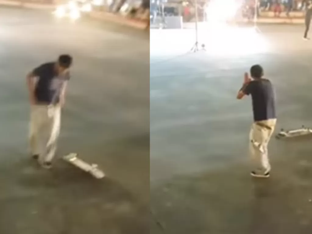 Kejadian memalukan remaja laki-laki saat bermain skateboard di alun-alun Cianjur. (Instagram/@fakta.indo)