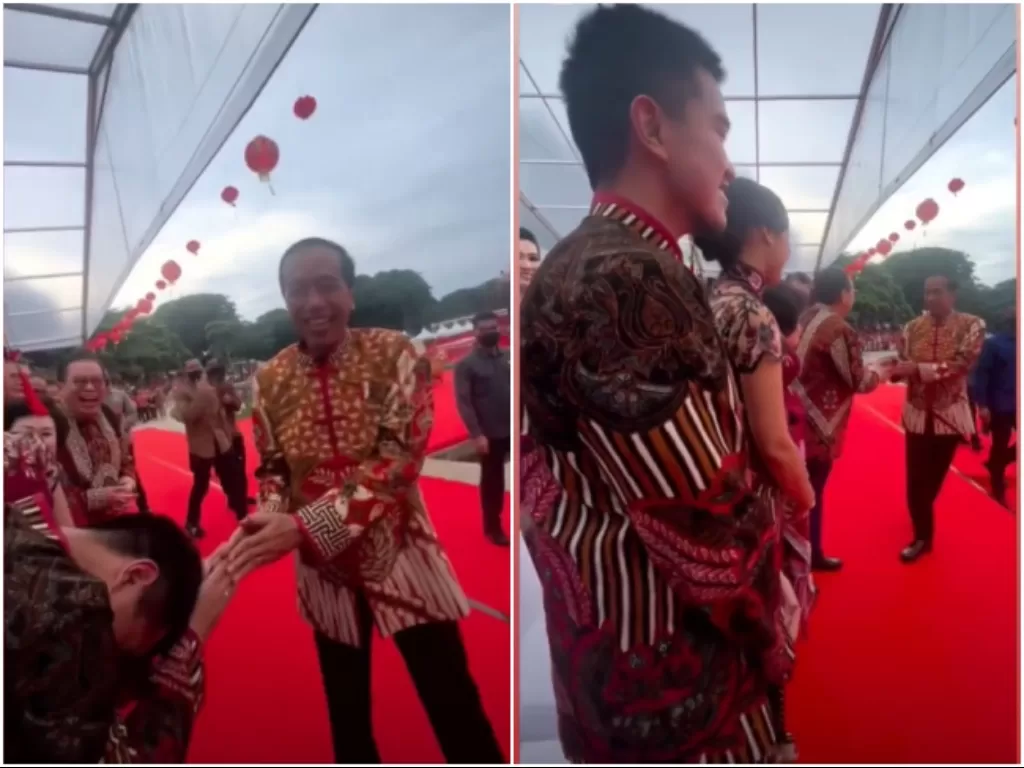Presiden Jokowi kaget bertemu Kaesang Pangarep di acara puncak perayaan Imlek 2023. (Instagram/@raffinagita1717)