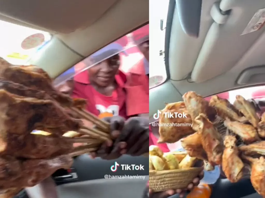 Penjual ayam panggang di Afrika tawarkan dagangan sampai ke mobil pria asal Indoneia. (Screenshoot/TikTok/@@hamzahtamimy)
