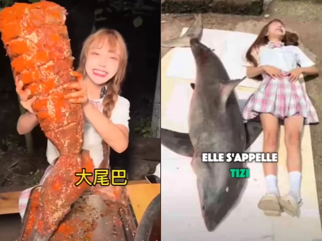 TikToker asal China makan hiu putih secara ilegal. (TikTok/kylianmarlier)