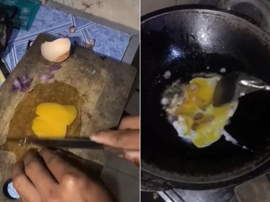 Pria cincang telur di talenan lalu digoreng. (Screenshoot/Instagram/@receh.sosmed)