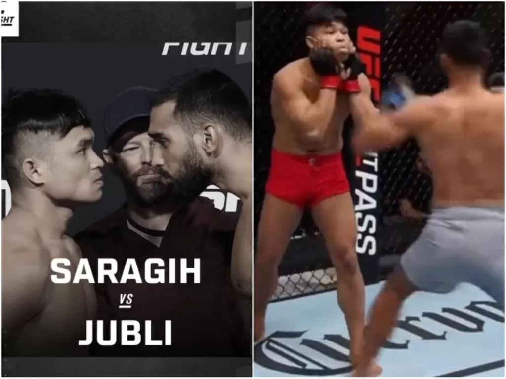 Jeka Saragih vs Anshul Jubli. (Dok. UFC) dan tangkapan layar saat meledek lawan. (Twitter/@garudasiar)