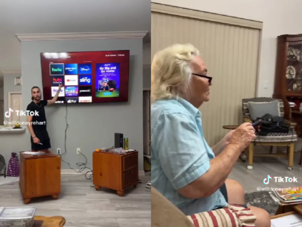 Pria ini dengan sabar mengajari neneknya bagaimana cara menggunakan Smart TV. (TikTok/@willdonayrehart)