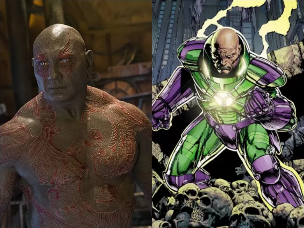 Kiri: Aktor Dave Bautista sebagai Drax di Guardians of Galaxy. Kanan: Karakter Lex Luthor di komik DC. (Marvel Studios/DC)