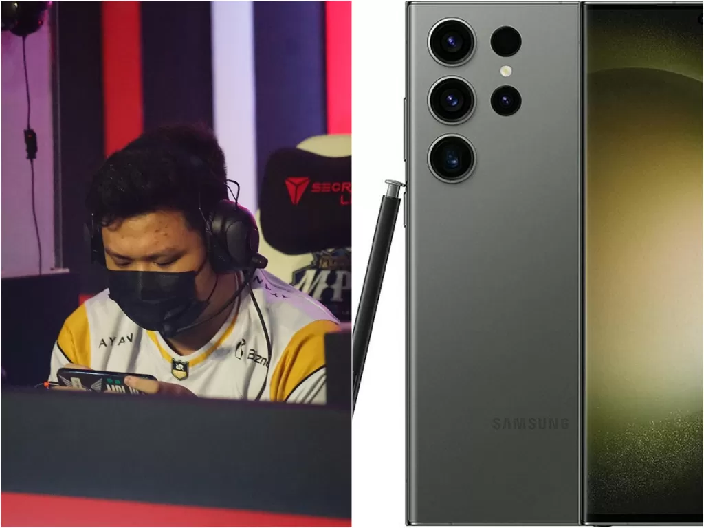 Kiri: Pro player Mobile Legends dari tim RRQ, Albert. Kanan: HP Samsung S23 Ultra. (Instagram/@rrq_alberttt/GSM Arena)