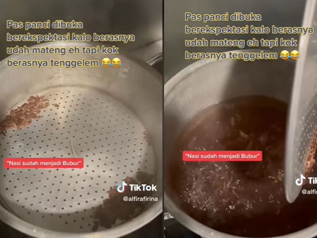 Pengalaman masak beras merah di panci berujung gagal. (Screenshoot/TikTok/@alfirafirina)