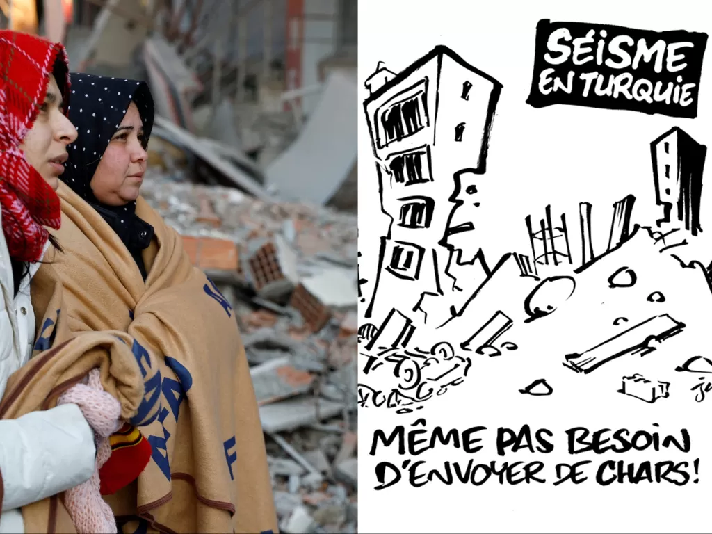 Korban gempa Turki dan karikatur Majalah Charlie Hebdo yang bikin gaduh (REUTERS/Suhaib Salem/Twitter/Charlie_Hebdo_)