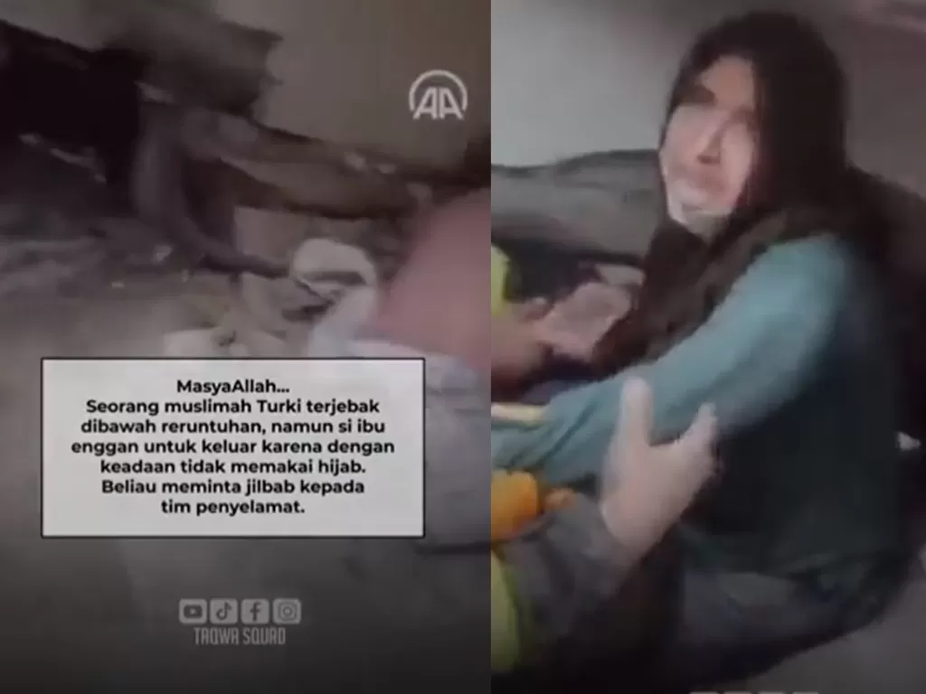 Seorang muslimah Turki yang terjebak reruntuhan gempa dievakuasi setelah meminta jilbab ke tim penyelamat (Twitter/Taqwasquad)