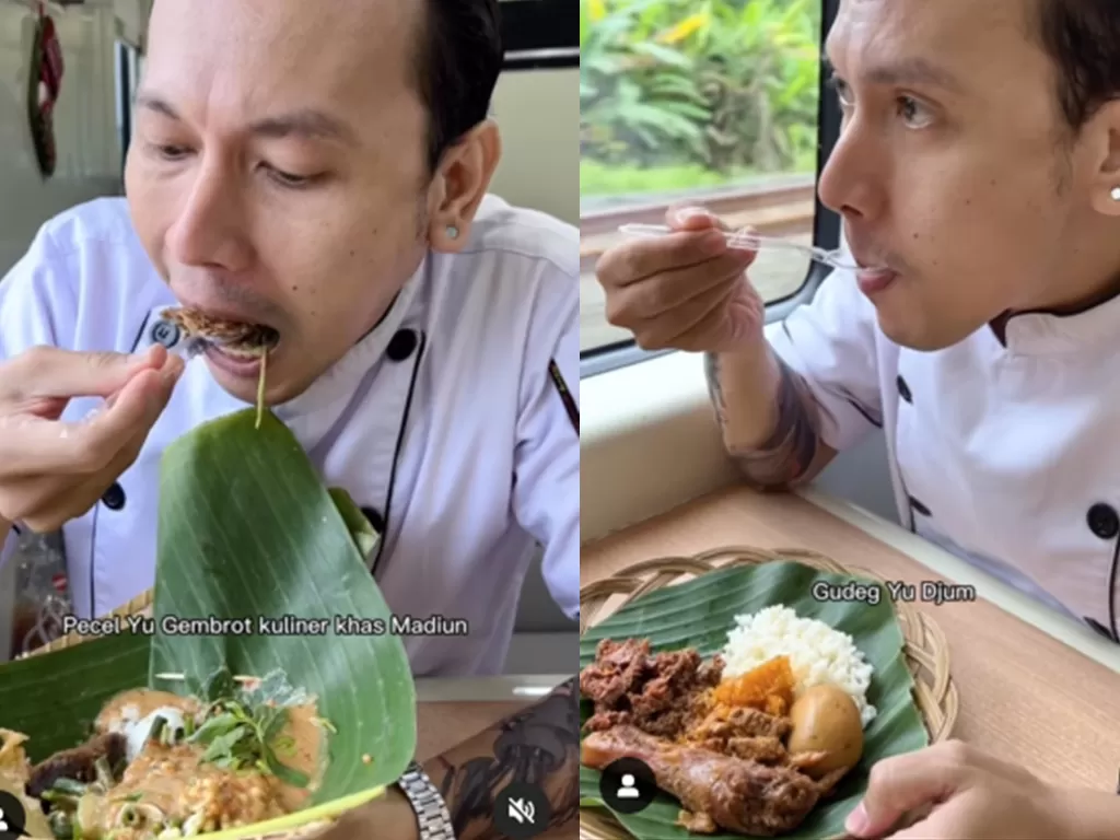 Konten kreator mirip Chef Juna kulineran di kereta api. (Screenshoot/Instagram/@antonwowo)