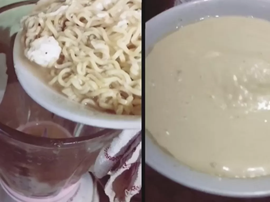 Mie instan kuah diblender bersama keripik kentang menjadi bubur. (Screenshoot/Instagram/@immalevav)