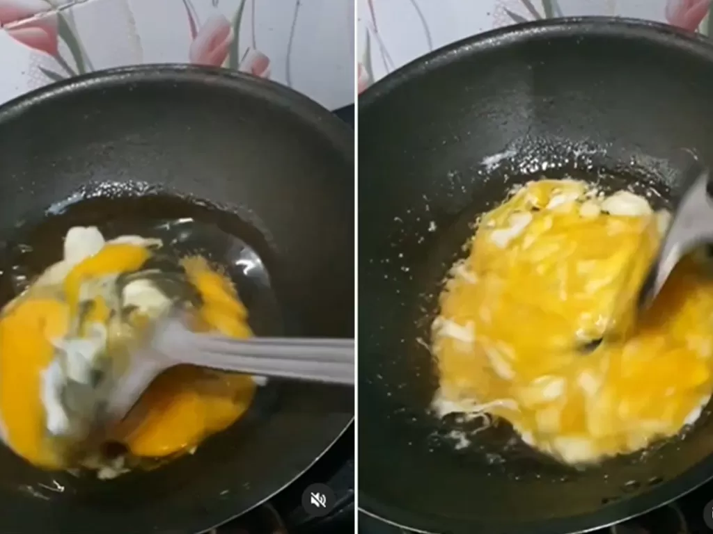 Masak telur dadar praktis langsung kocok telur di wajan tanpa kotori mangkok. (Screenshoot/Instagram/@hijabayu1)