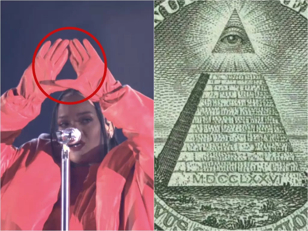 Kiri: Penyanyi Rihanna diduga bikin gestur Illuminati di Super Bowl 2023. Kanan: The Eye of Providence, simbol Illuminati. (Twitter/@SUMMERTlMEFLO/Freepik/Flaticon)