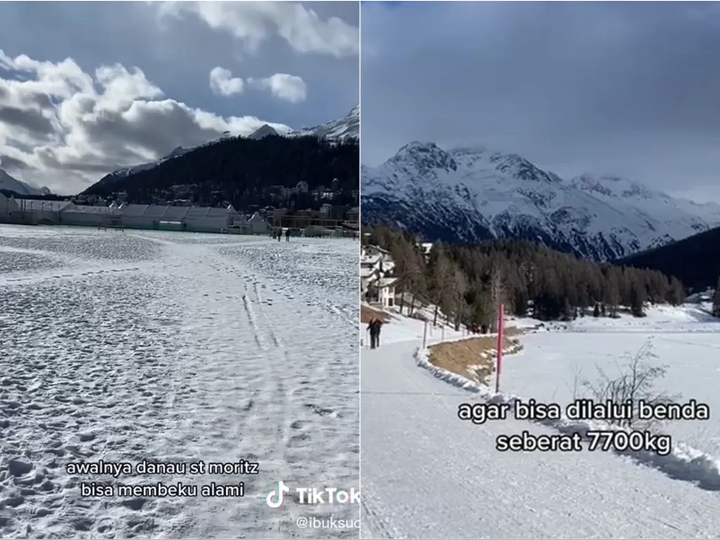 Swiss ubah Danau Saint Moritz jadi hamparan salju. (TikTok/ibuksuci)