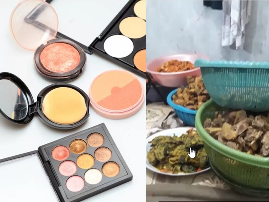 Ilustrasi peralatan makeup (kiri), penampakan kamar pengantin berisi lauk kondangan (kanan). (FREEPIK/Screenshoot/Instagram/@@iis_rahayuwedding)