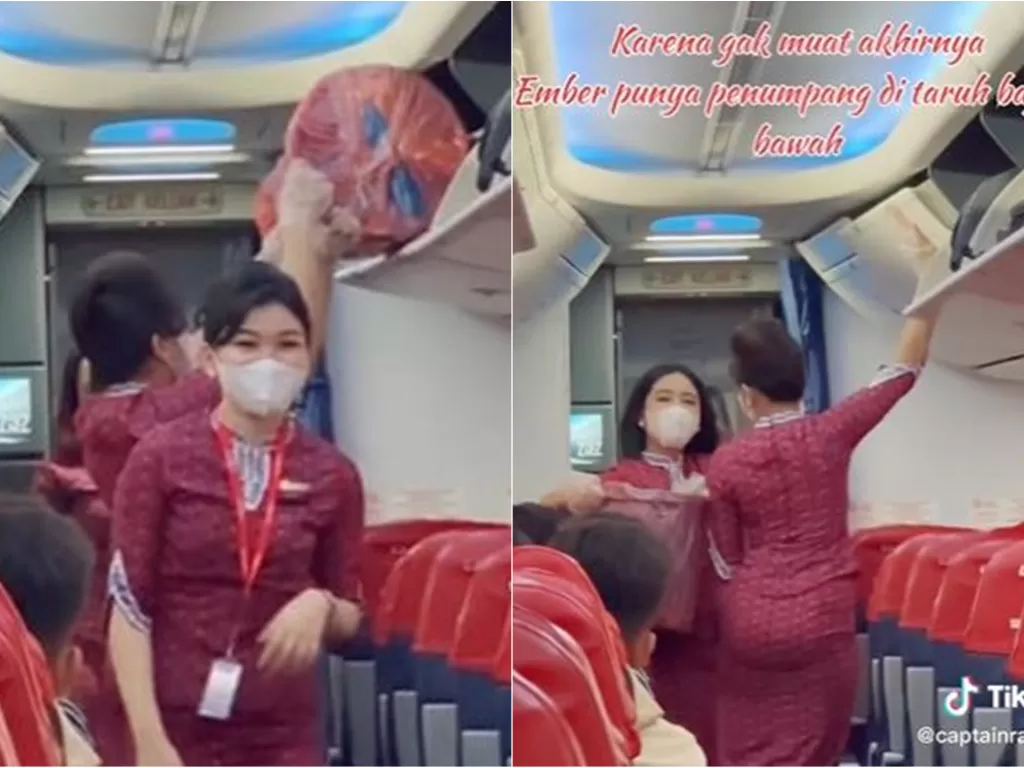 Momen emak-emak bawa ember ke kabin pesawat (TikTok/captainrafinoor)