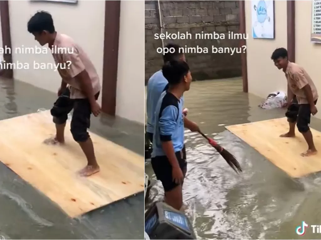 Momen kocak SMA main surfing saat banjir (TikTok/niimoo131)