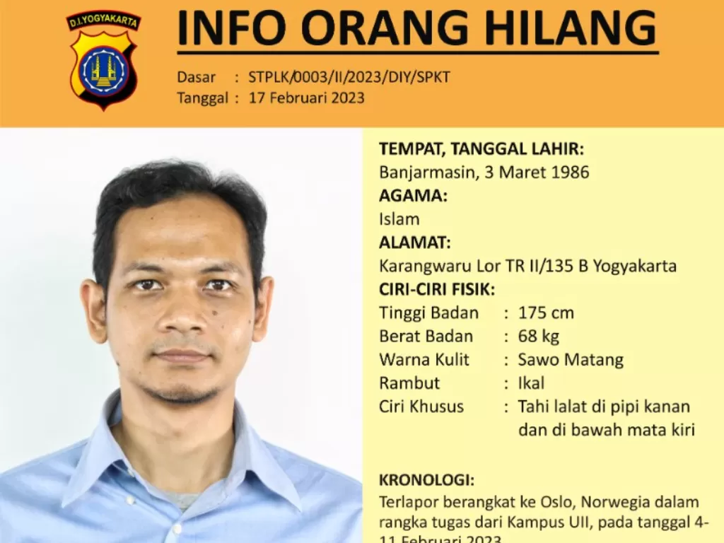 Ahmad Munasir Rafie Dosen Universitas Islam Indonesia dinyatakan hilang usai mengunjungi Norwegia. (Twitter/Polda Yogyakarta)