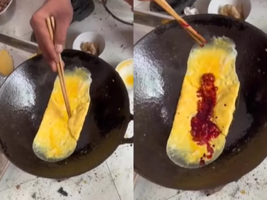 Pria masak telur dadar dibentuk mirip pembalut haid. (Screenshoot/Instagram/@moodchanger.id)