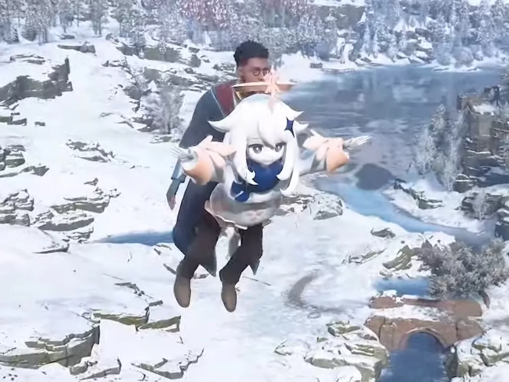 Hogwarts Legaxy ganti sapu terbang dengan karakter Genshin Impact. (YouTube/ON Game)
