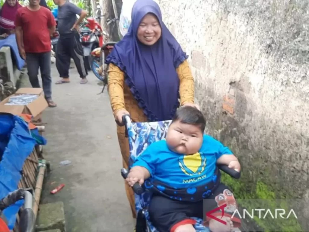 Ibunda Muhammad Kenzi Alfaro, Pitriah (40) mengasuh anaknya menggunakan kereta dorong akibat tidak kuat menggendong. (ANTARA/Pradita Kurniawan Syah). 