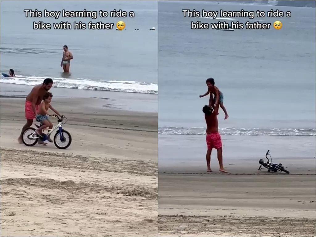Momen seorang ayah bahagia saat ajari anaknya naik sepeda. (Screenshot/TikTok/@https://www.tiktok.com/@sportbible)