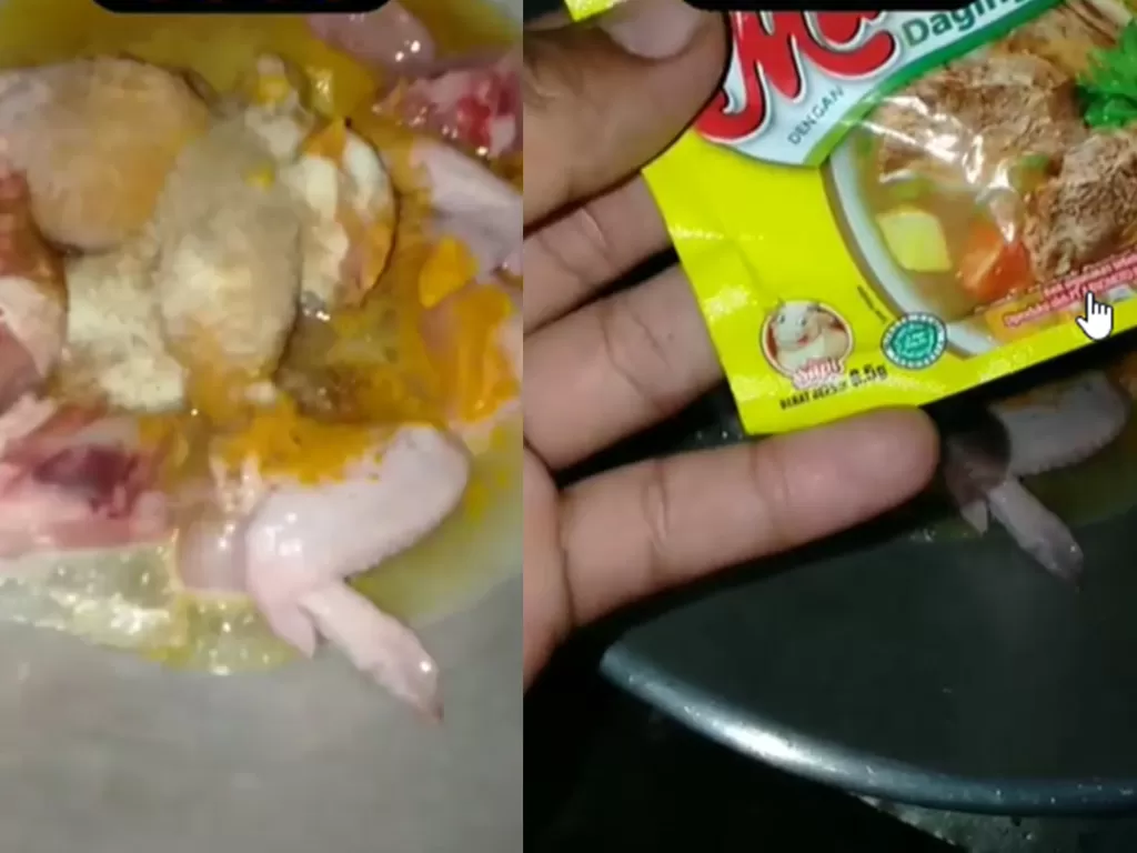 Pria masak ayam ungkep pakai penyedap bubuk rasa sapi. (Screenshoot/Instagram/@ncung_is_suryana_ramadhan)