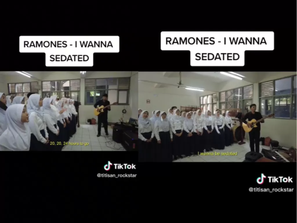 Murid SMP bawakan lagu Ramones 'I Wanna Be Sedated' saat latihan padus. (TikTok/@titisan_rockstar)