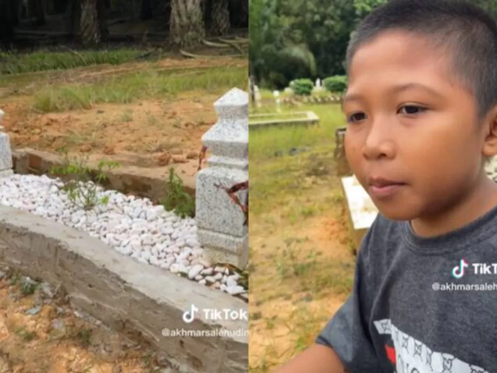 Bocah 11 tahun sendirian membagun kijing agar makam ayah tak tersapu banjir. (TikTok/akhmarsalehudin)