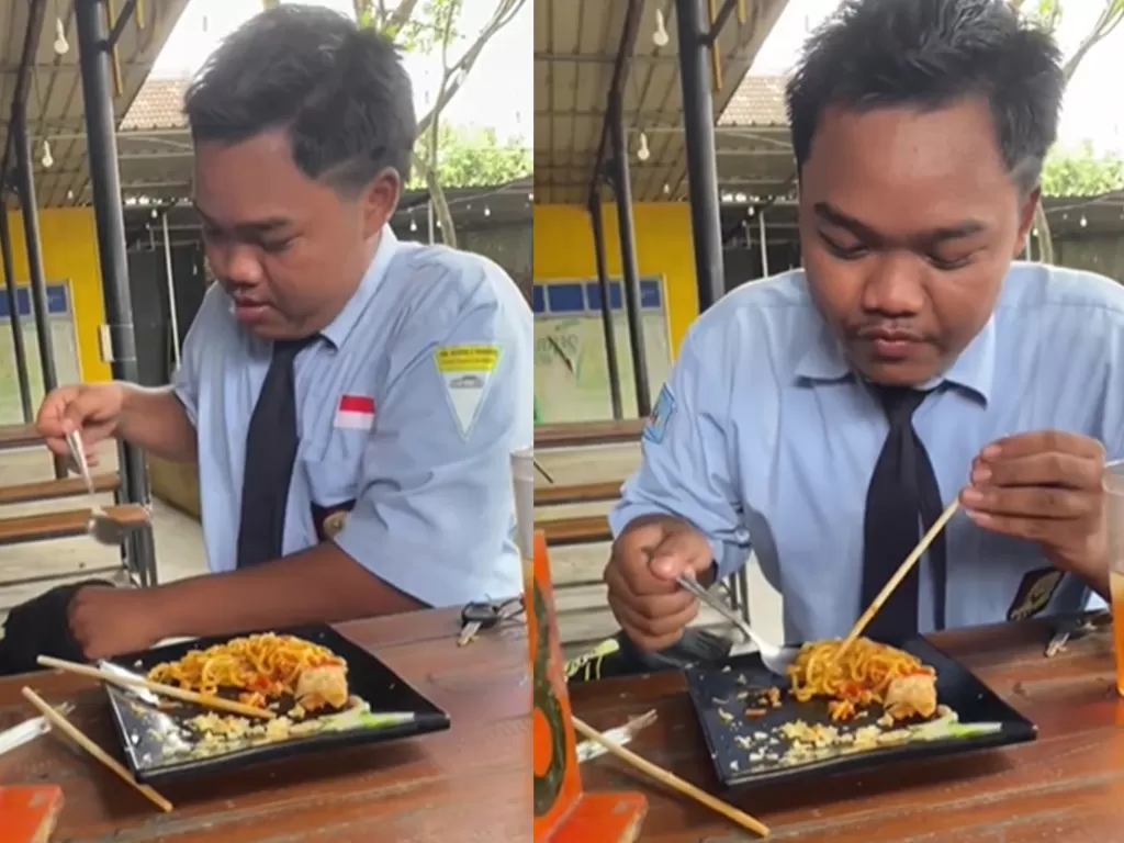 Pelajar SMA ganti sumpit pakai sendok yang dibawa dalam tas saat makan mie. (Screenshoot/Instagram/@kulinertrending.id)