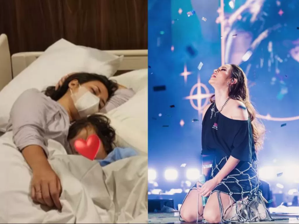 Momen saat Raisa sedang menjaga anaknya Zalina yang sedang sakit (kiri), dan momen saat Raisa konser di SUGBK (kanan). (Instagram/raisa6690)