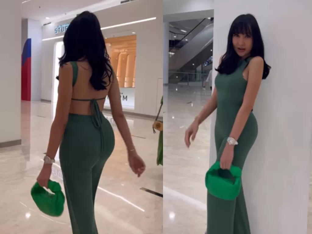 Lucinta Luna pakai jumpsuit hijau di mall. (Screenshoot/TikTok/@lucintaluna_manjalita)