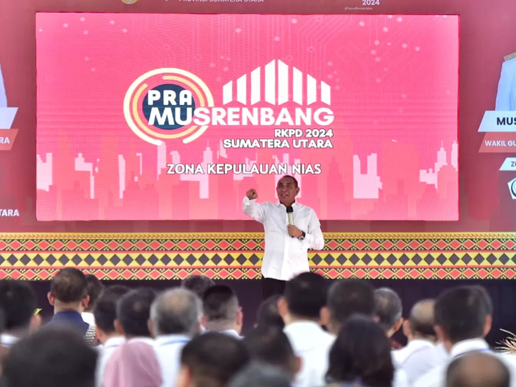 Gubernur Sumut Edy Rahmayadi menghadiri acara Pra Musrenbang Zona Kepulauan Nias di Aula Tafaeri, Kantor Bupati Nias Utara, Baho, Kecamatan Kotu, Kabupaten Nias Utara, Rabu (8/3/2023). (Diskominfo Sumut)